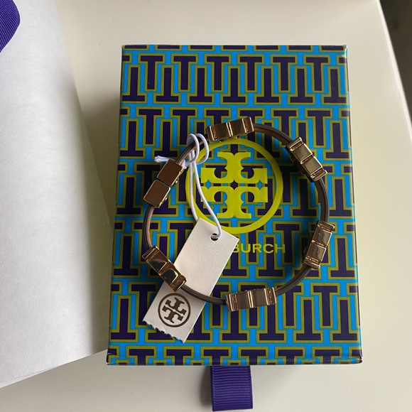 Tory Burch Serif T Stackable Croc Embossed Bracelet Brown  Leather S/M - Picture 1 of 3